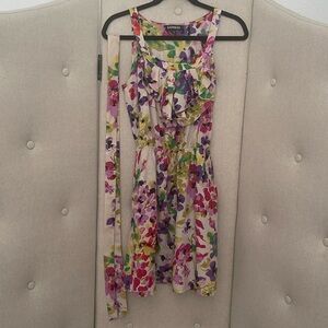 Express Purple Floral Elastic Waist Sleeveless Dress wt Ruffles, Pockets XS